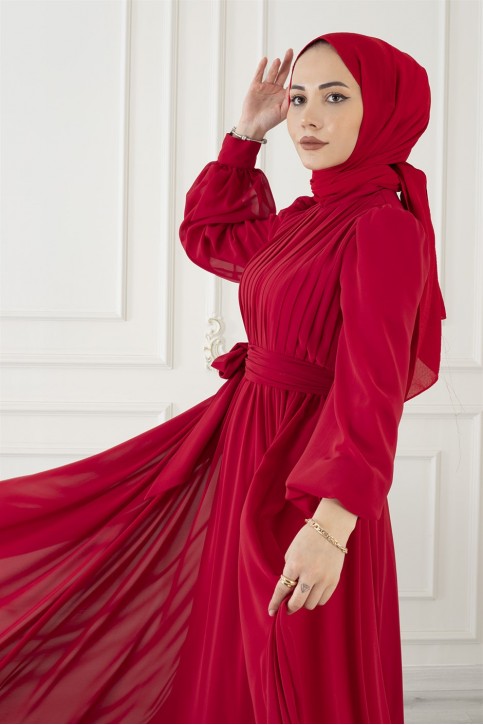 Beli Ve Kolları Büzgülü Elbise Kırmızı Beli Ve Kolları Büzgülü Elbise Kırmızı